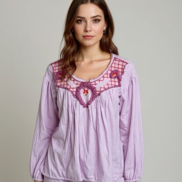FREE PEOPLE Lavender Purple Floral Embroidered Bohemian Top Blouse Size Small - Picture 1 of 12